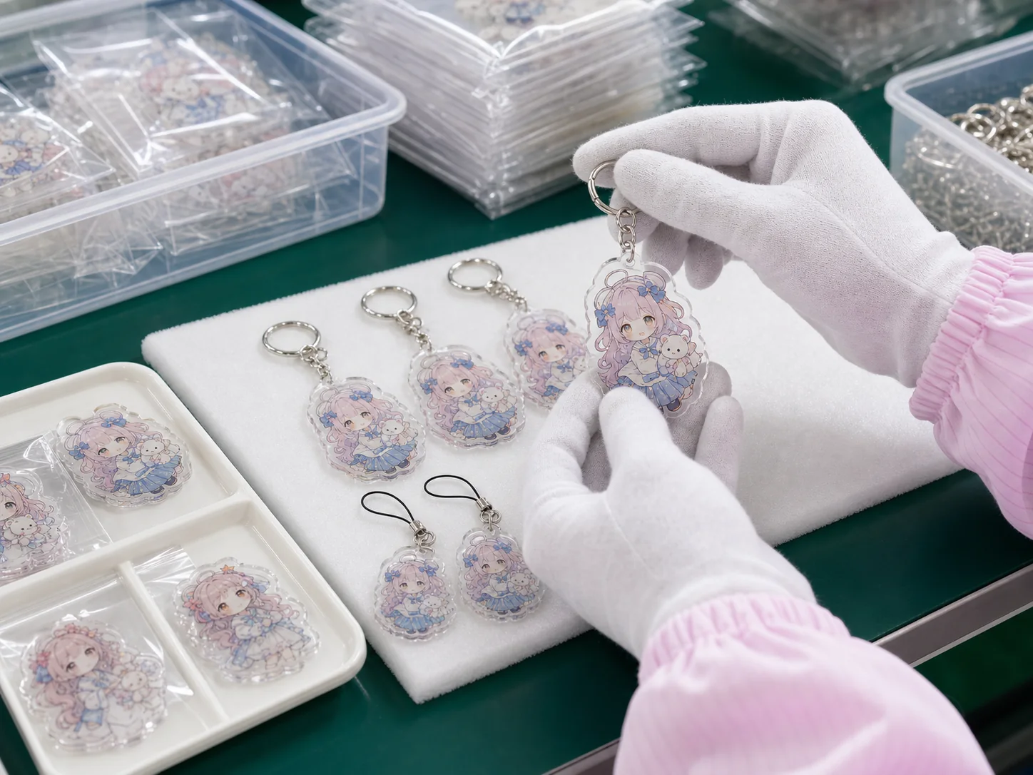 Image of acrylic key chain inspection to visually check printing position and acrylic edge