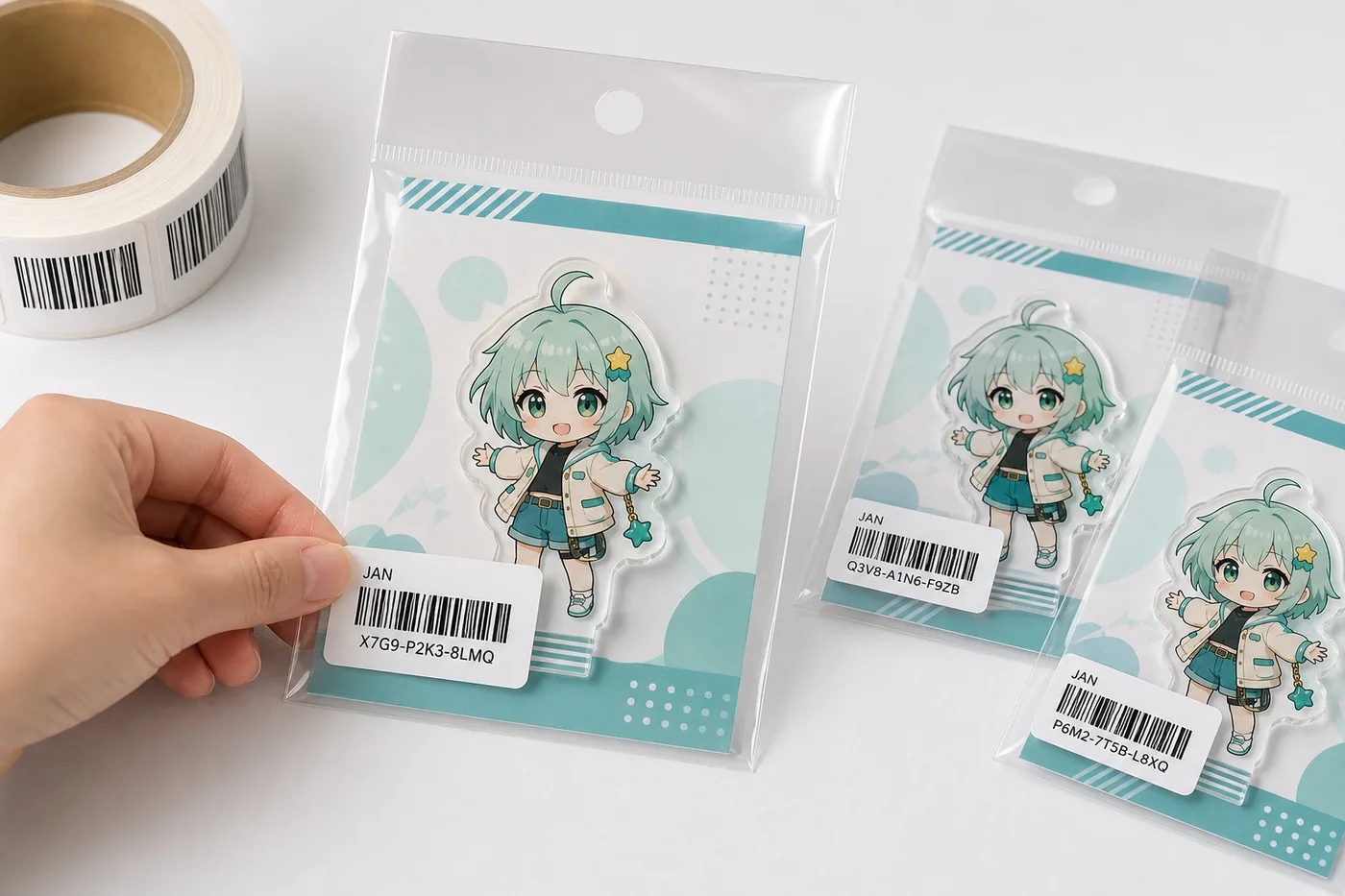 Applying a JAN label to acrylic goods packed with backing card and OPP bag