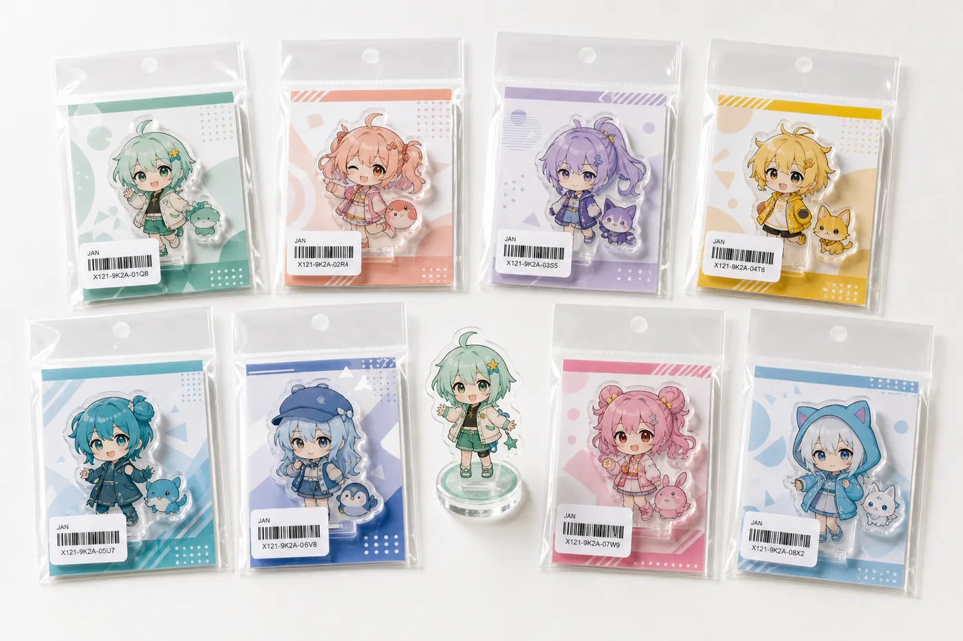 Multiple acrylic goods SKUs managed with color backing cards and JAN labels
