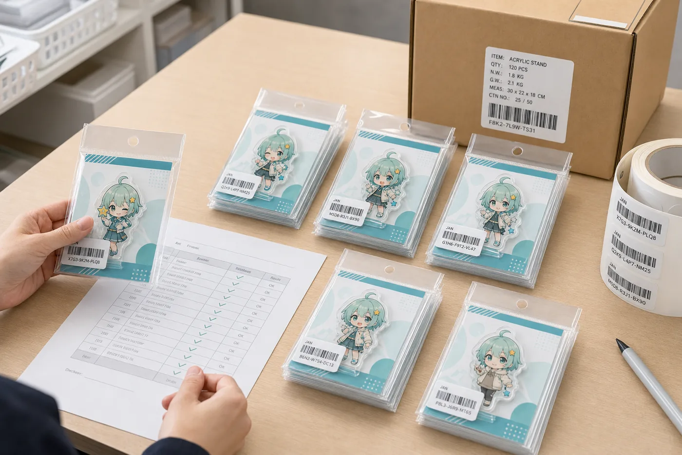 Pre-shipment inspection for JAN label acrylic goods packaging with QC sheet