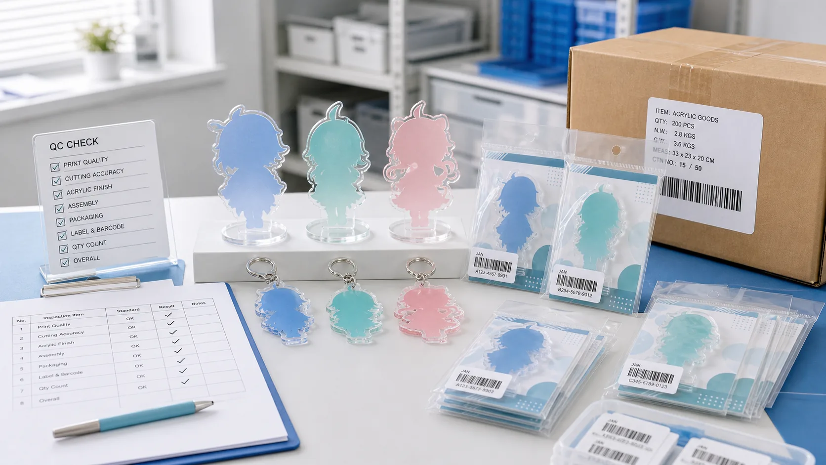 Acrylic goods quality control desk with inspection sheet, backing cards, JAN labels, OPP packaging, and shipping carton