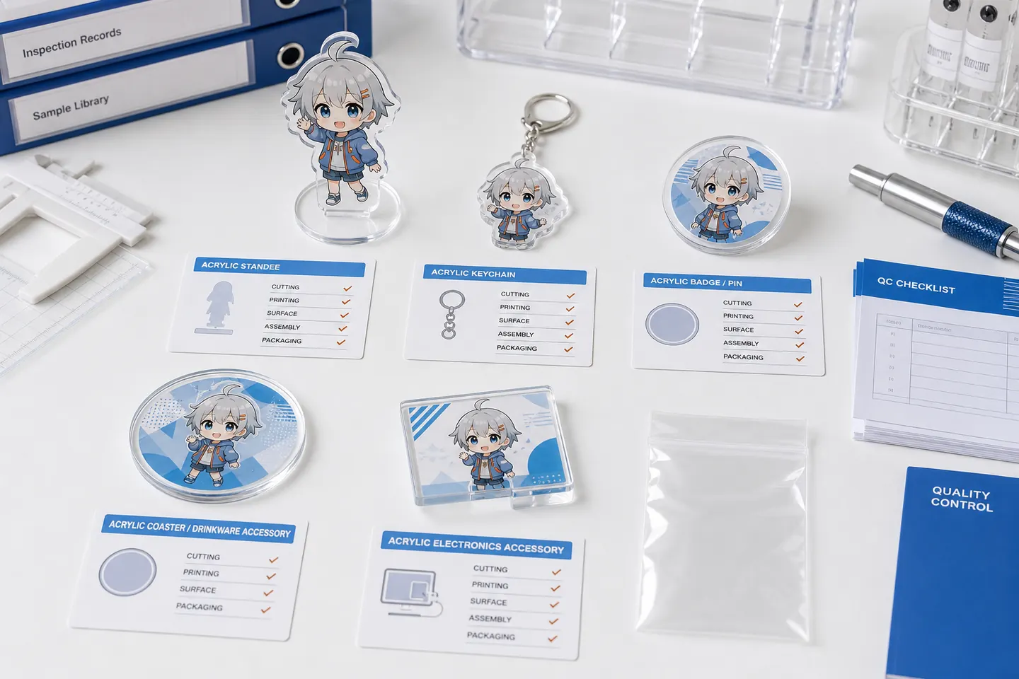 Inspection standard cards for acrylic stands, keychains, badges, and related merchandise categories