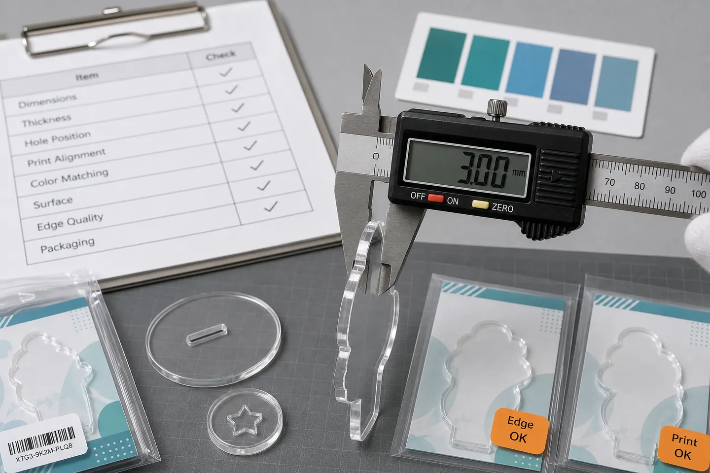 Dimensional tolerance and color difference inspection for clear acrylic parts with caliper and color swatches
