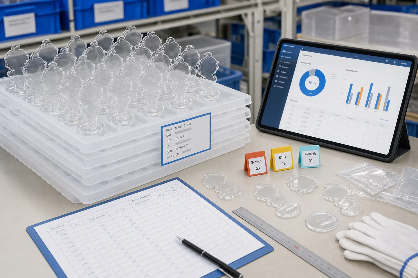 Mass production IPQC scene with acrylic parts in trays, defect tags, and quality dashboard