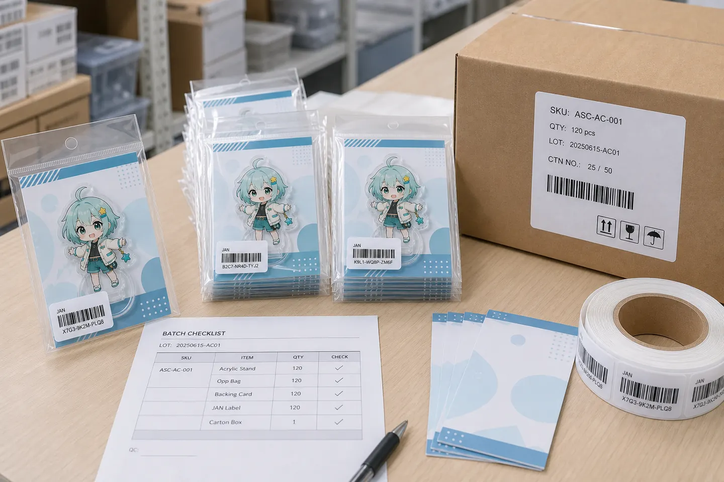 Packaging verification with JAN-labeled OPP bags, backing cards, barcode label roll, and carton label