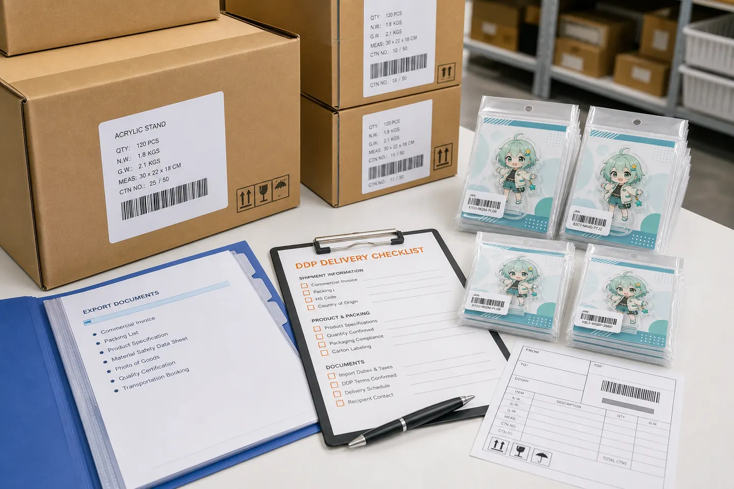 Japan DDP delivery preparation with cartons, shipping documents, and QC checklist