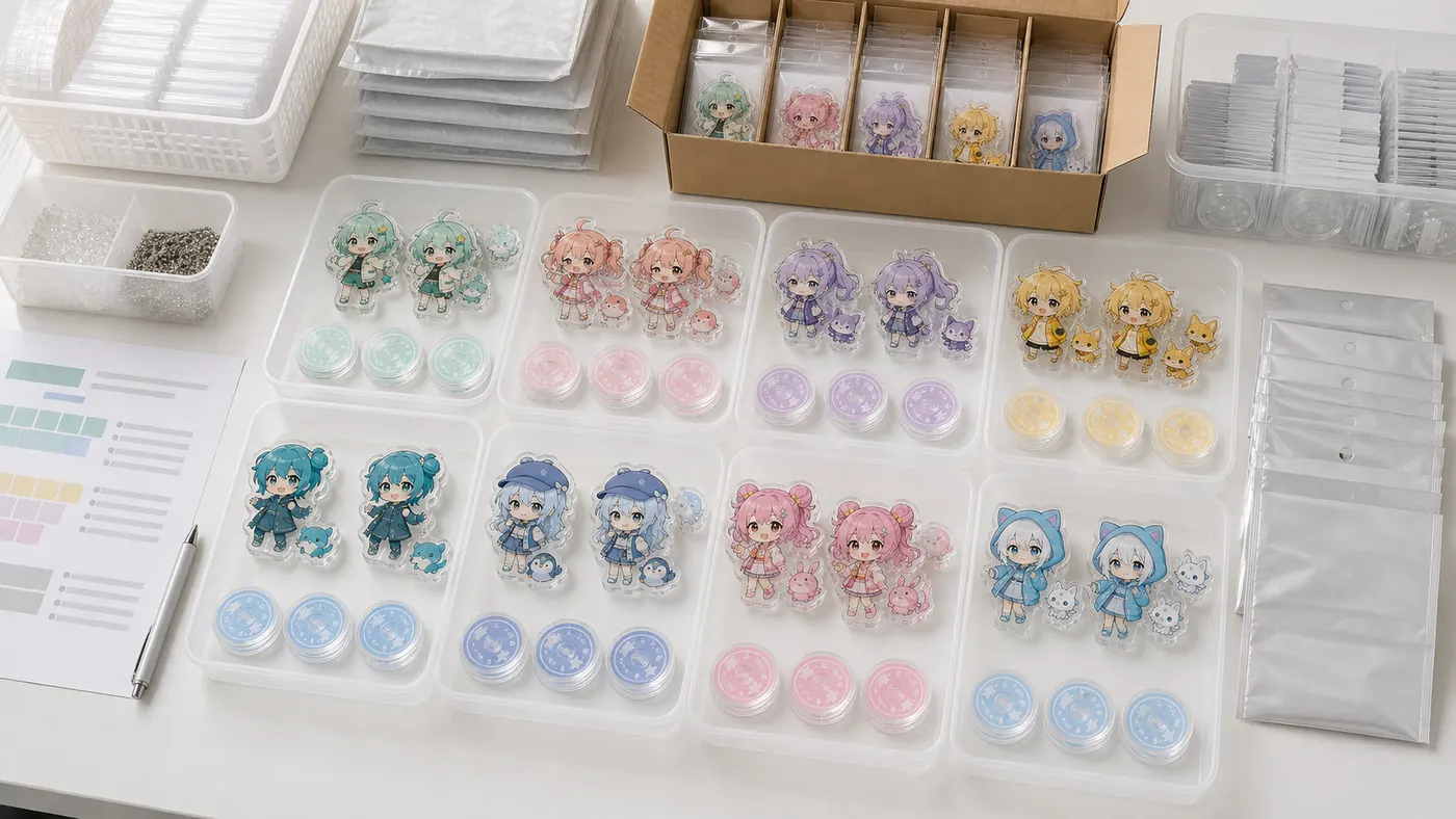 Acrylic goods separated by SKU trays before random packing
