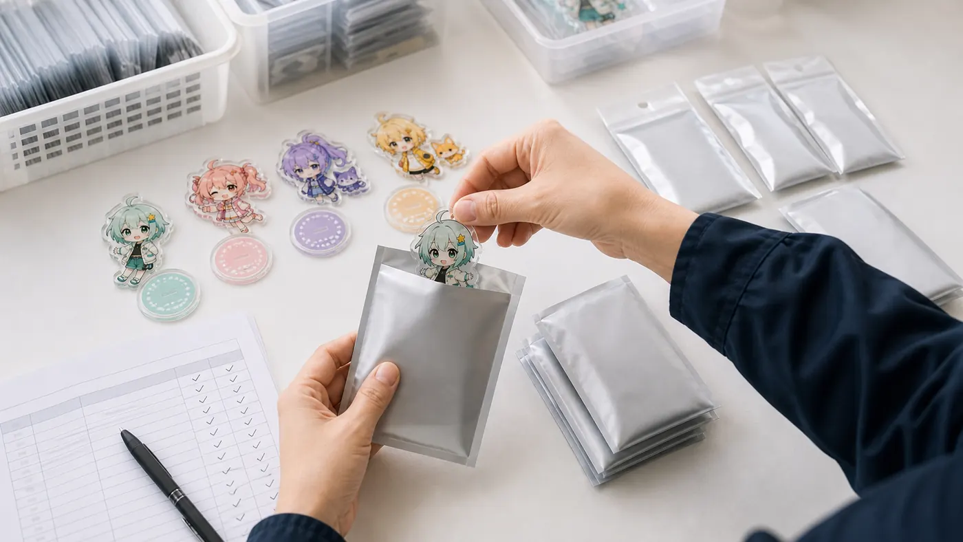 Acrylic goods inserted into blind bags with hidden contents