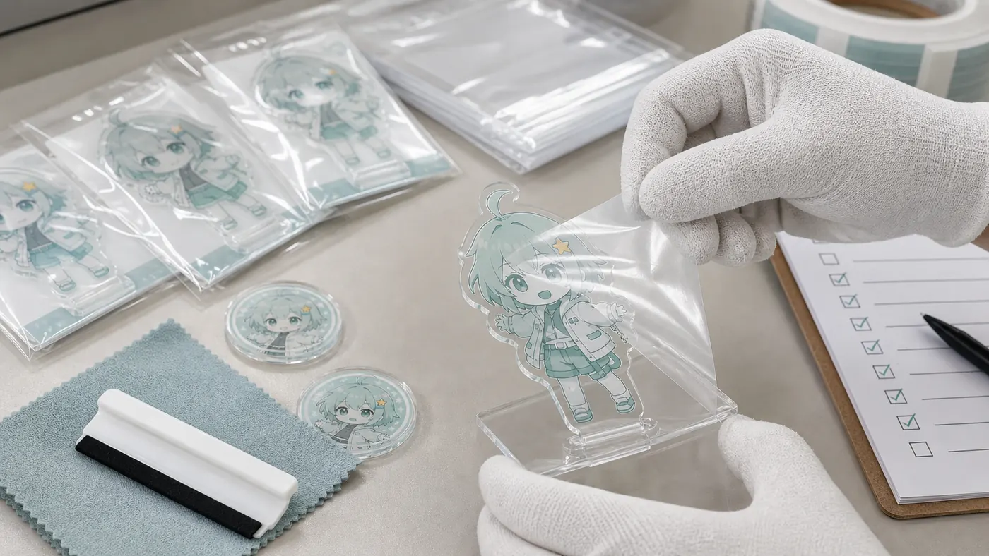 Protective film application and surface scratch check for acrylic goods