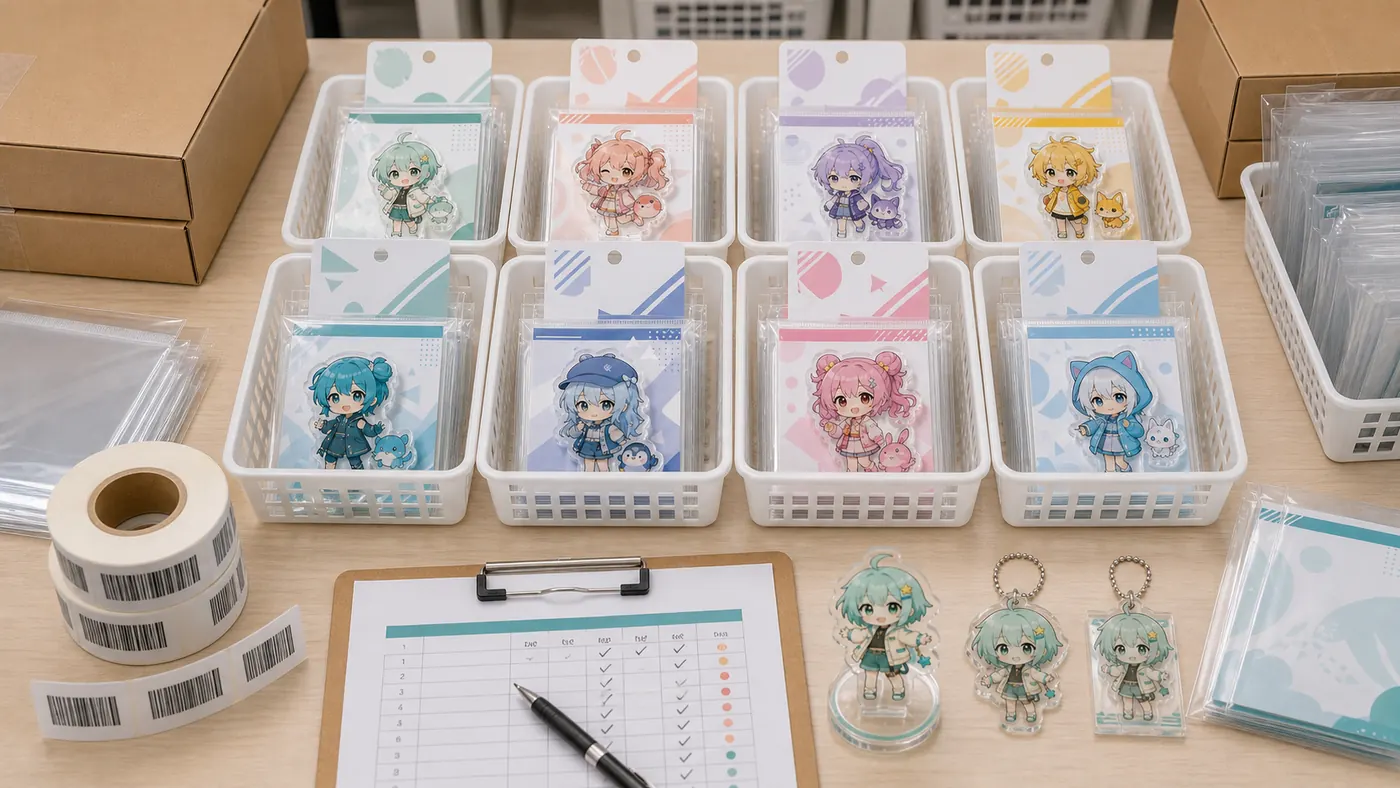 Multi-SKU acrylic goods separated in trays before packaging reconciliation