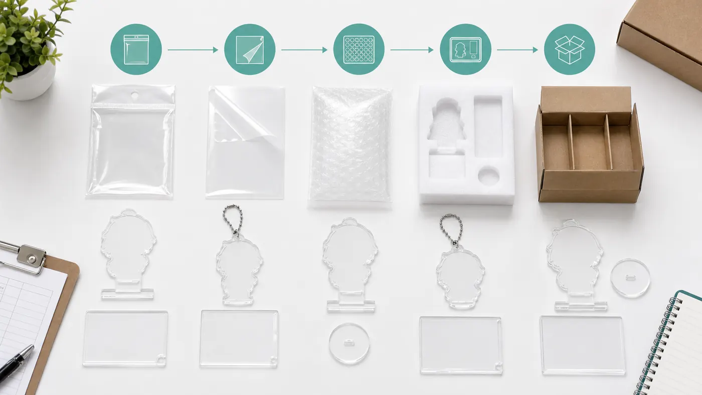 Packaging option comparison with PE bag, protective film, bubble sleeve, EPE tray and carton divider