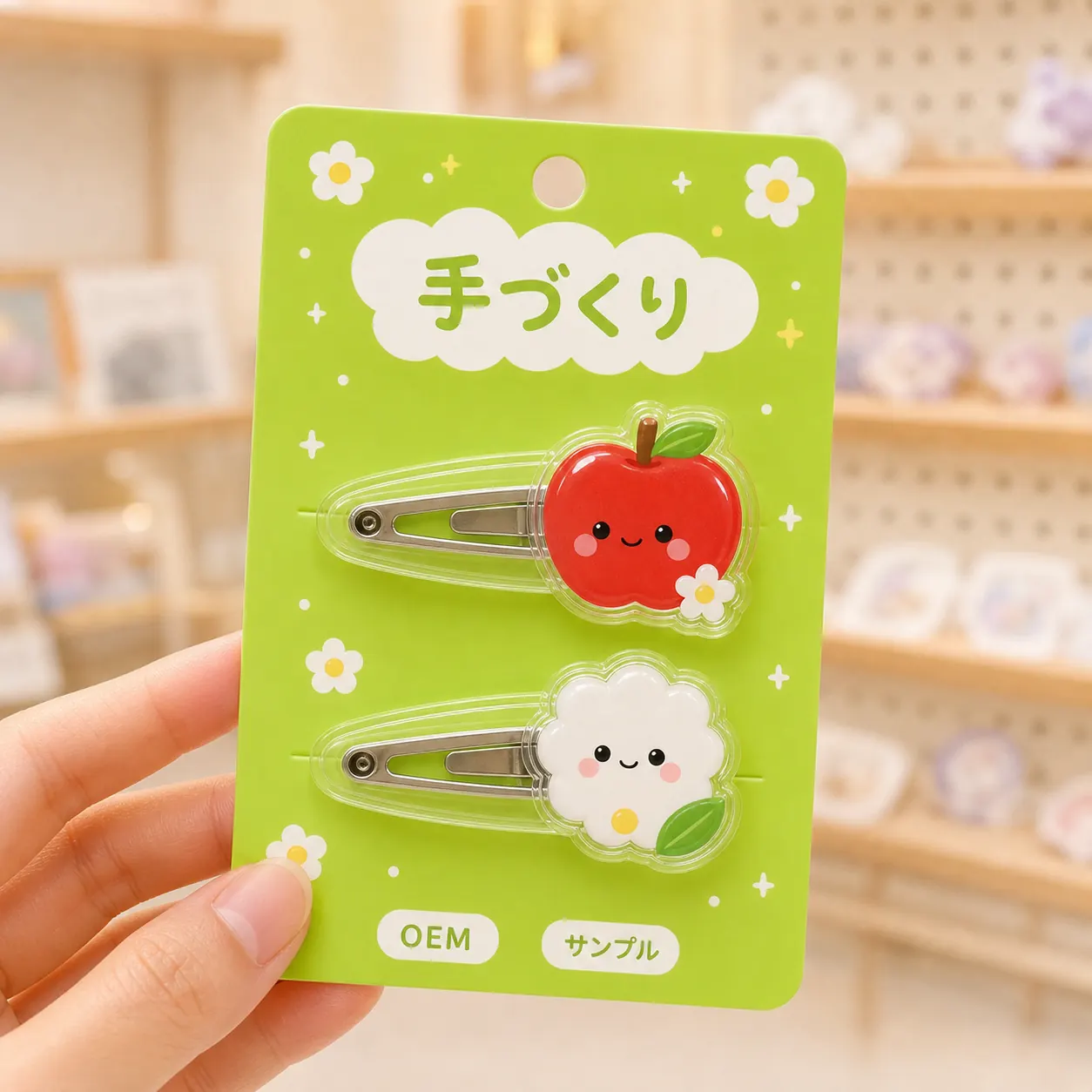 Acrylic hair clip packaging variations with different colors and backing cards