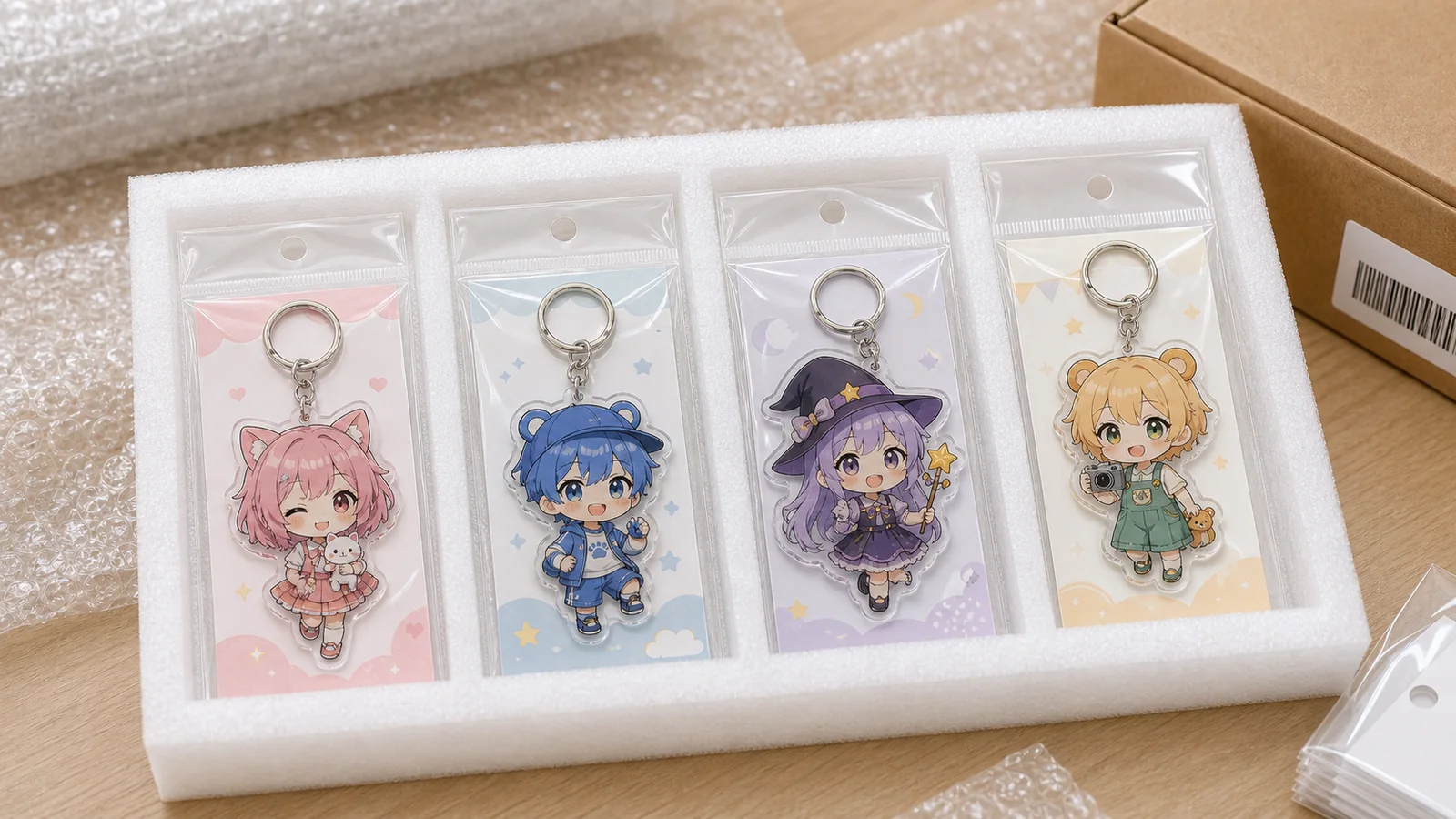 EPE cushion and dividers separating acrylic keychains for shipping protection