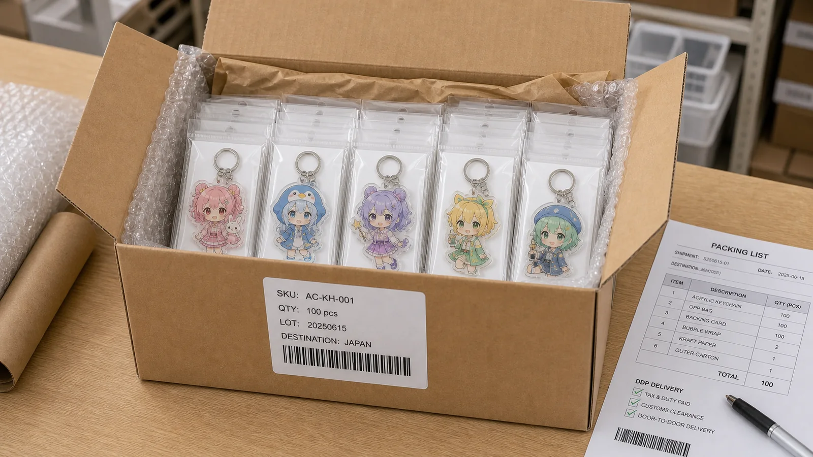 Carton labels and shipping documents for Japan DDP acrylic keychain delivery