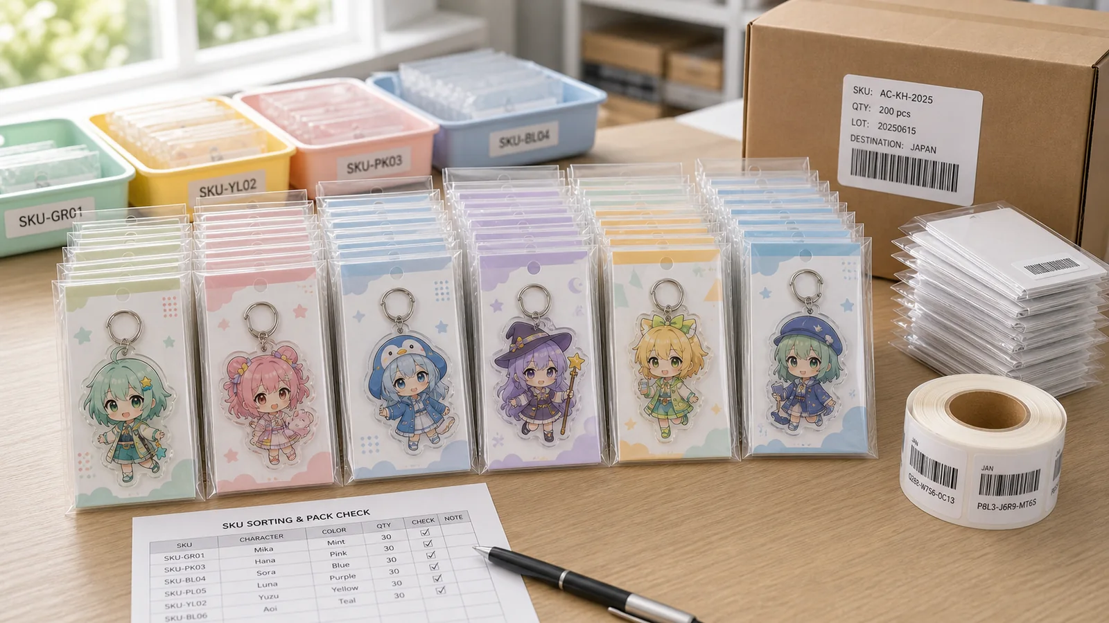 Multiple acrylic keychain SKUs sorted by trays and labels before packaging