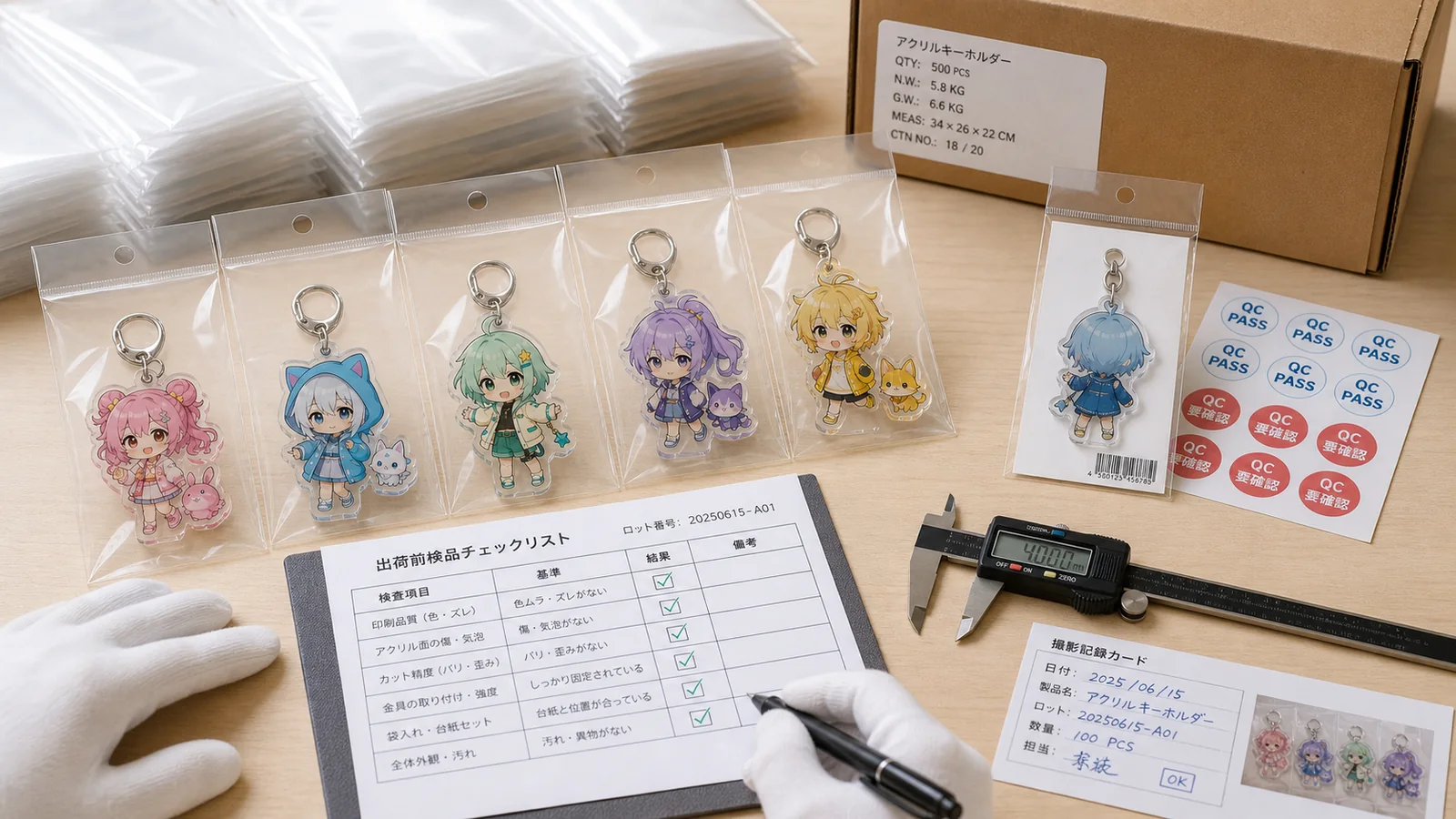 Pre-shipment inspection record for acrylic keychain appearance, hardware, packaging, and quantity