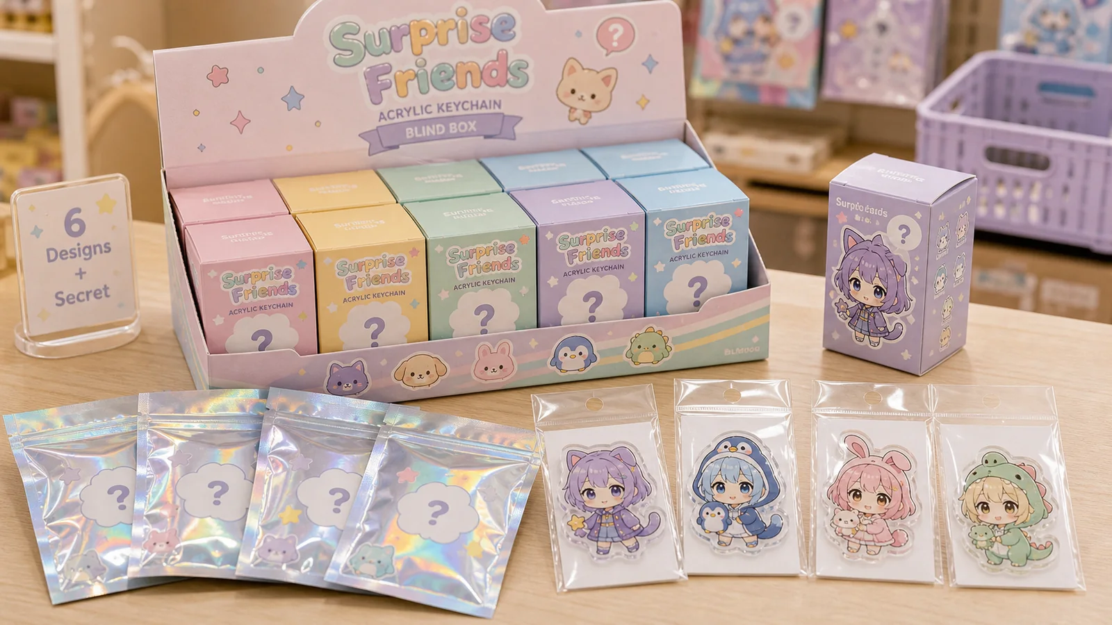 Blind bags, display boxes, and transparent OPP samples for acrylic keychain packaging review