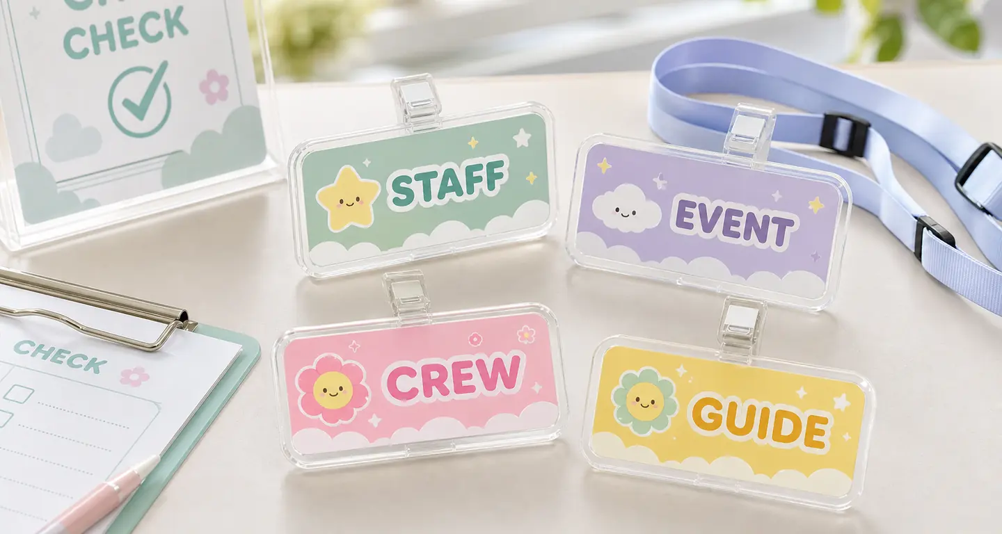Acrylic staff name plates with clip attachments for events