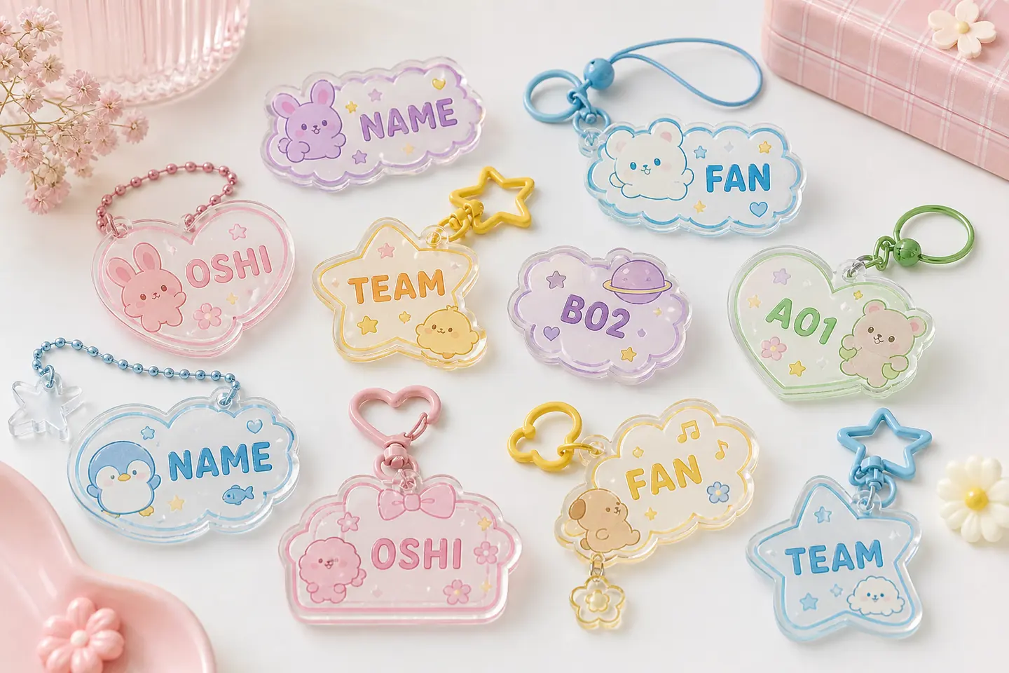 Cute acrylic name tags for fan goods and character merchandise