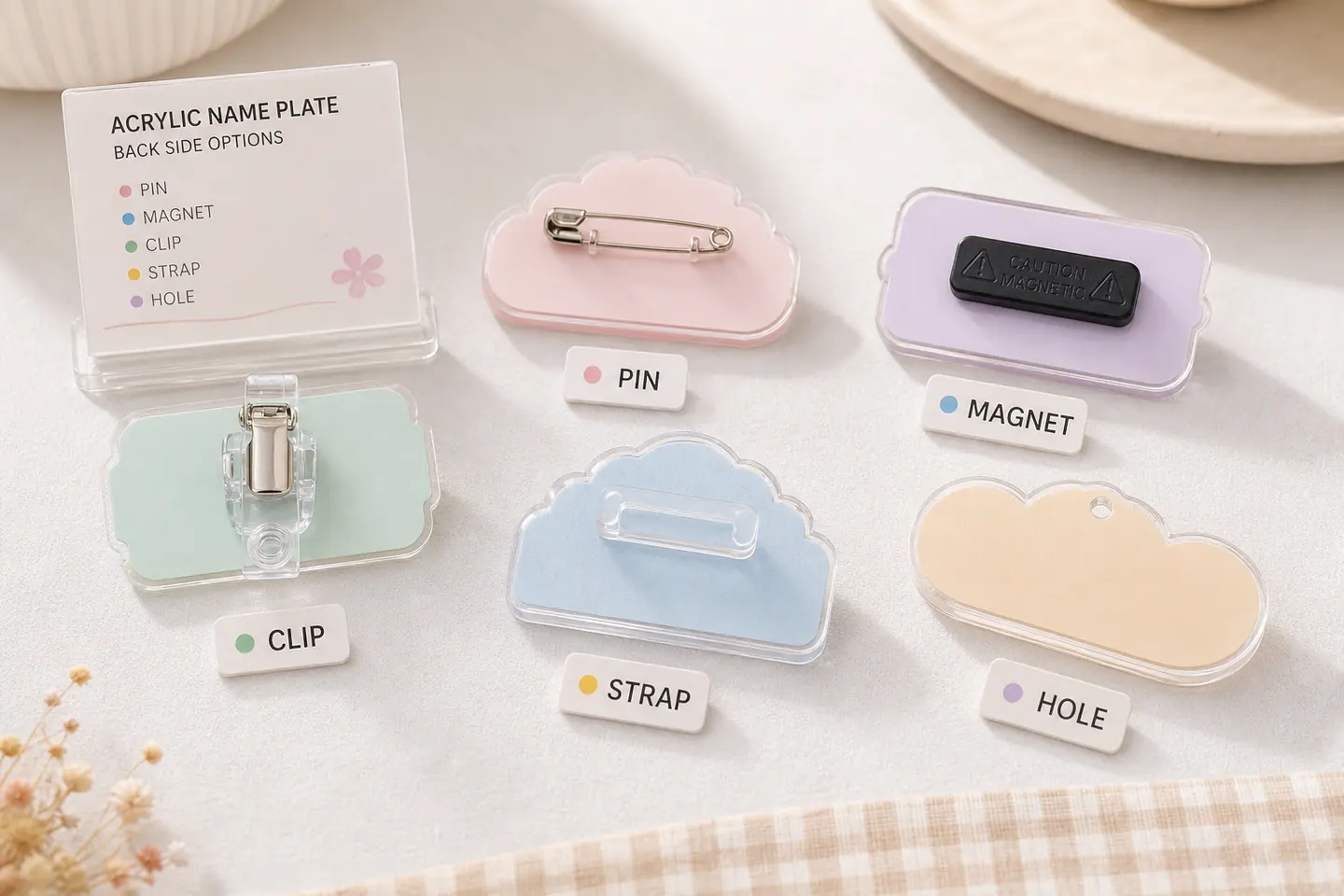 Back-side pin magnet clip and hole options for acrylic name plates