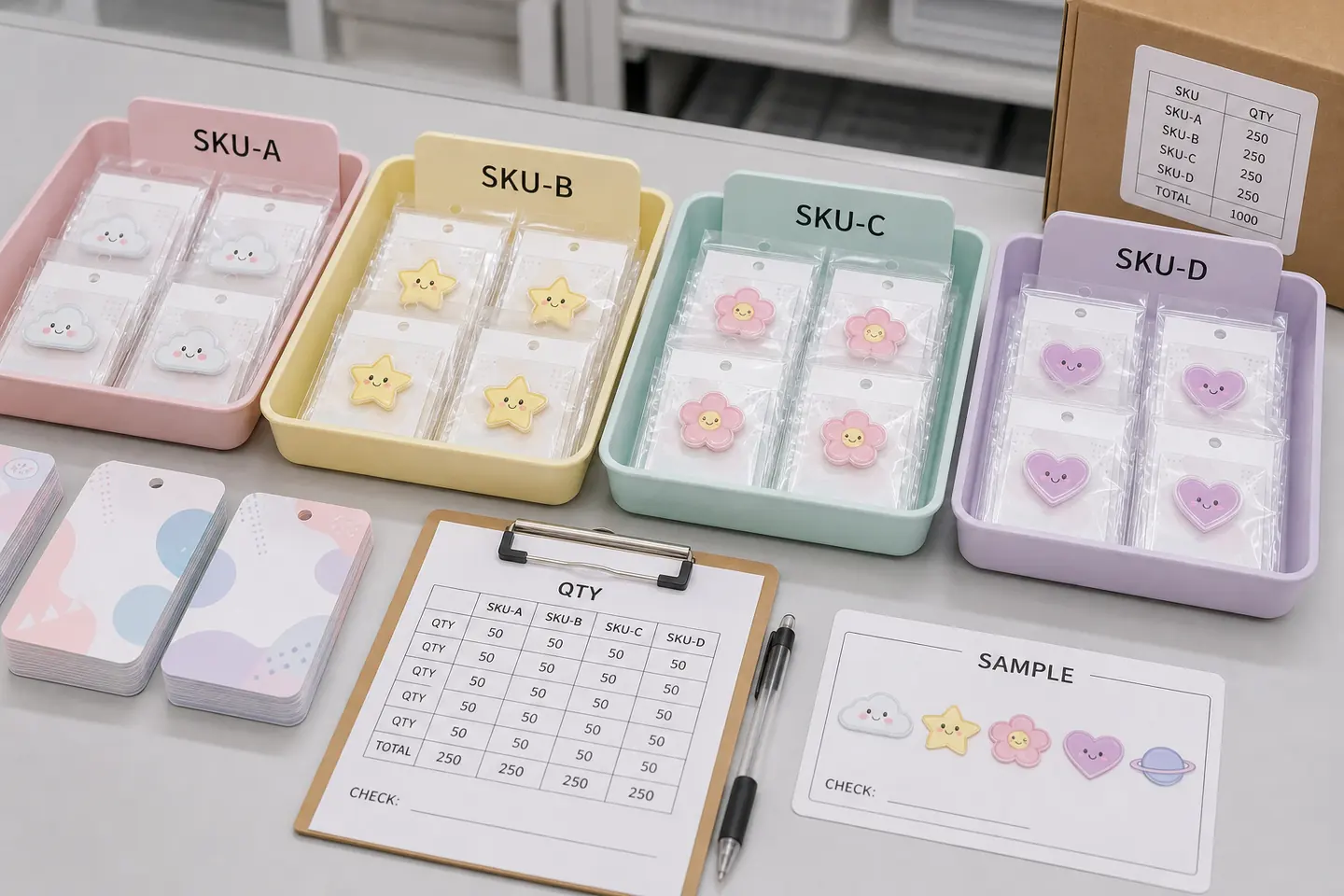 Multi-SKU sorting trays and count sheet for acrylic name plates