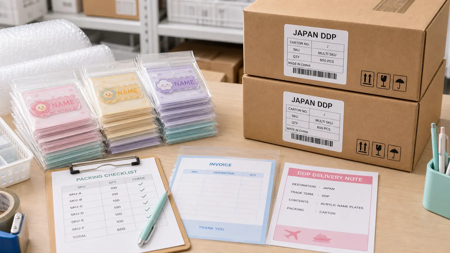 Japan DDP cartons and shipment documents for acrylic name plates