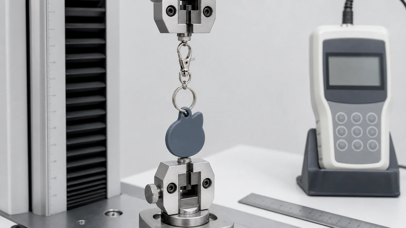 ラバーキーホルダー完成品を固定した金具引張試験治具