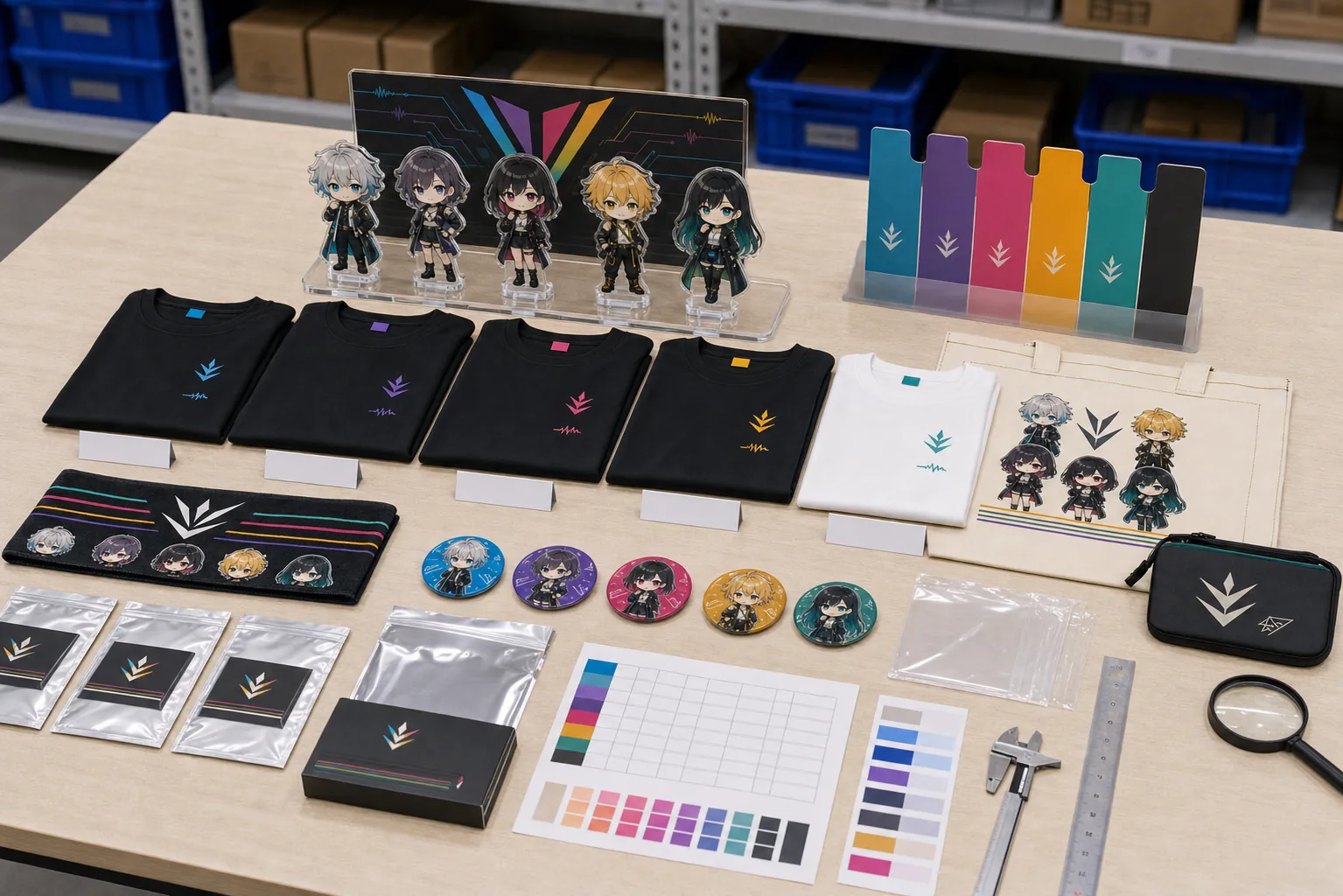 Live-event merchandise and member-specific SKUs organized on a sample-room planning table at a Chinese OEM factory