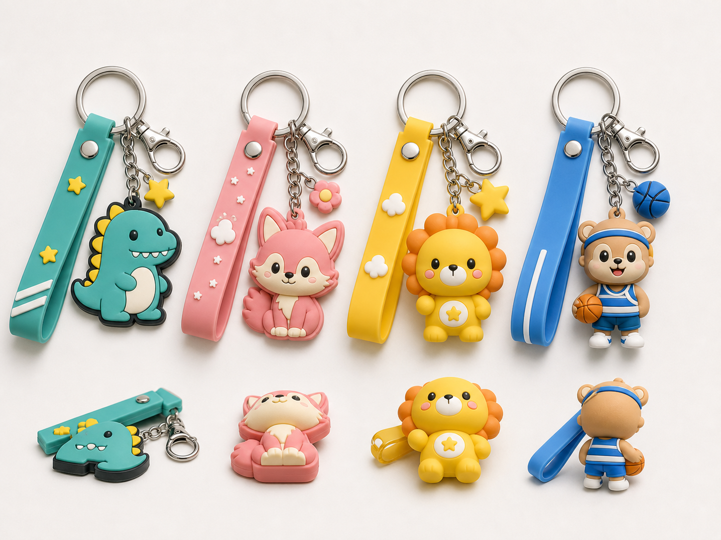 SKU series sample of PVC 3D mascot keyrings with PVC straps