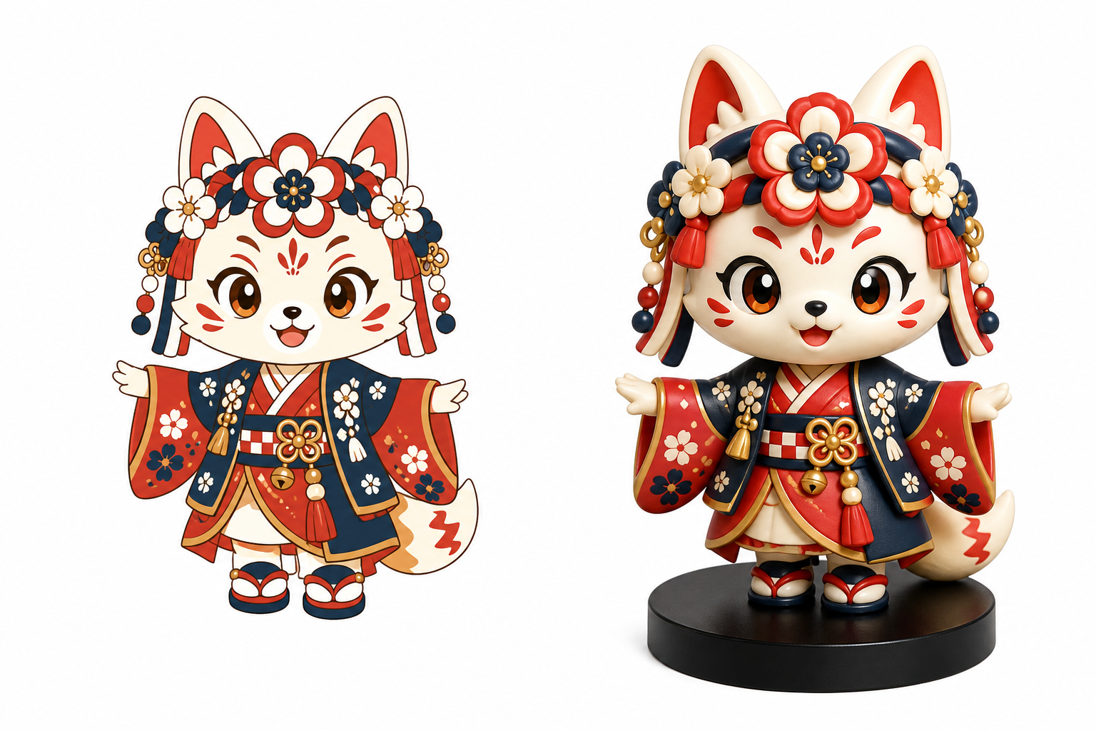 花祭狐のデザイン原稿とPVCソフビフィギュア完成サンプル