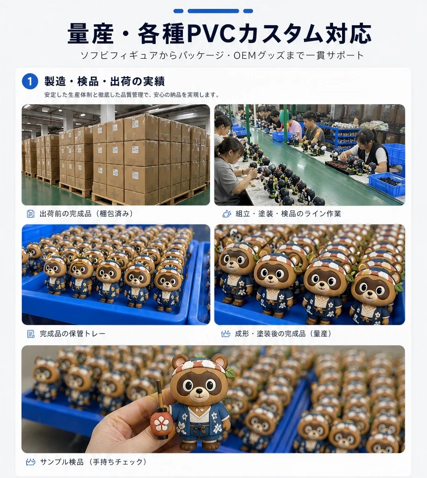 Mass production line, sample inspection, storage trays, and PVC goods expansion examples for PVC sofubi figure OEM