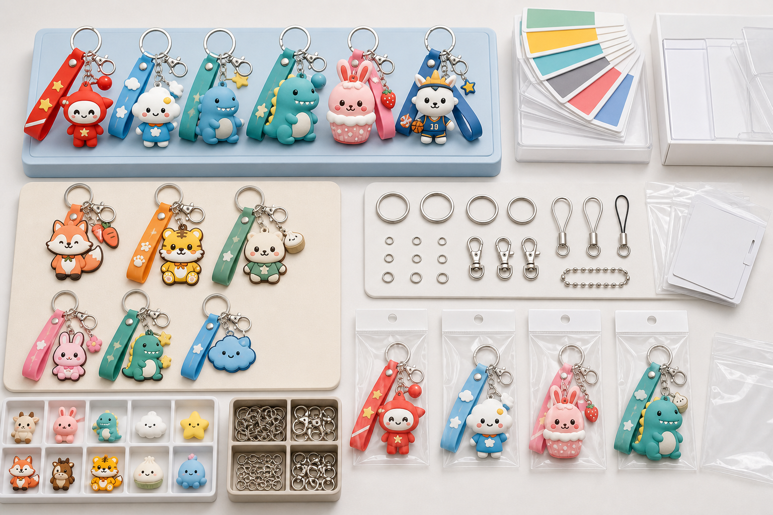 PVC keyring sourcing samples grouped by shape, hardware, and packaging