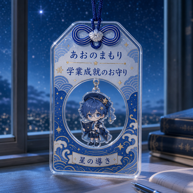 青色のゆらゆら可動アクリルお守りチャームサンプル