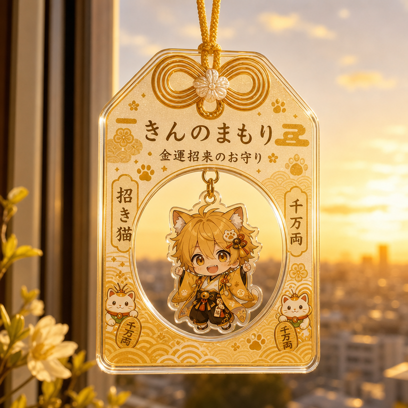 金色のゆらゆら可動アクリルお守りチャームサンプル