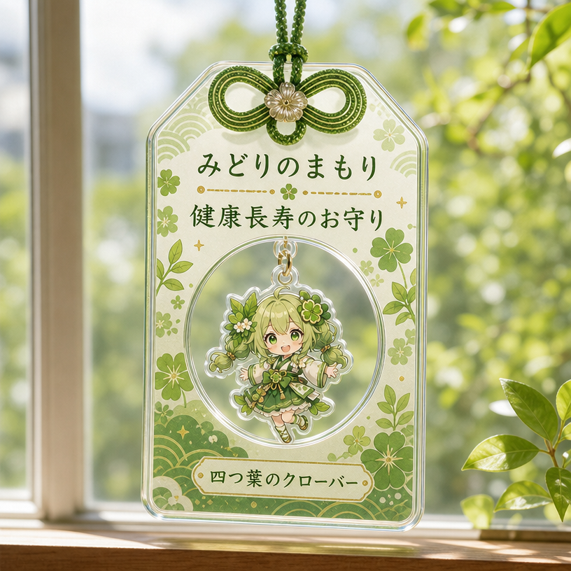緑色のゆらゆら可動アクリルお守りチャームサンプル