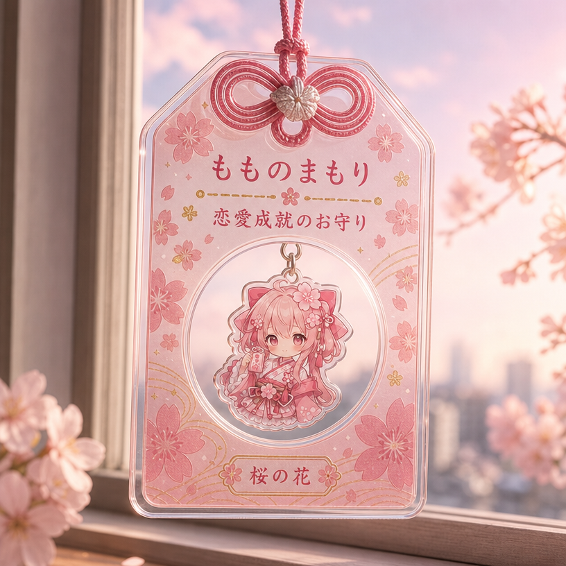 ゆらゆら可動タイプの桃色アクリルお守りチャームサンプル