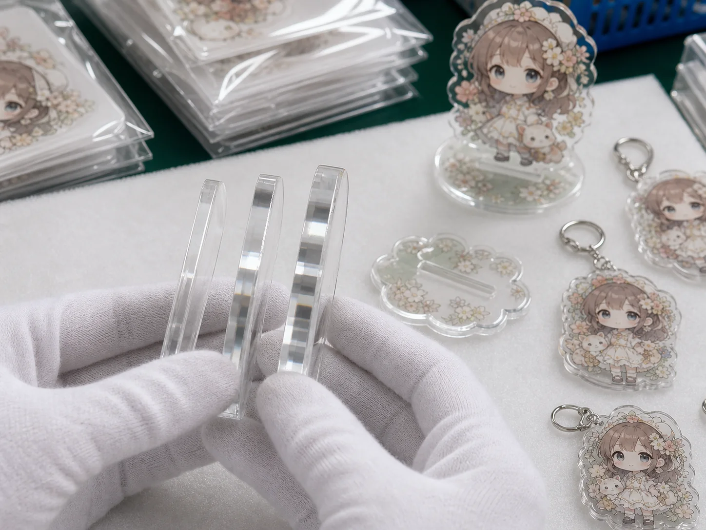 Gloved comparison of transparent acrylic sheet edge thickness