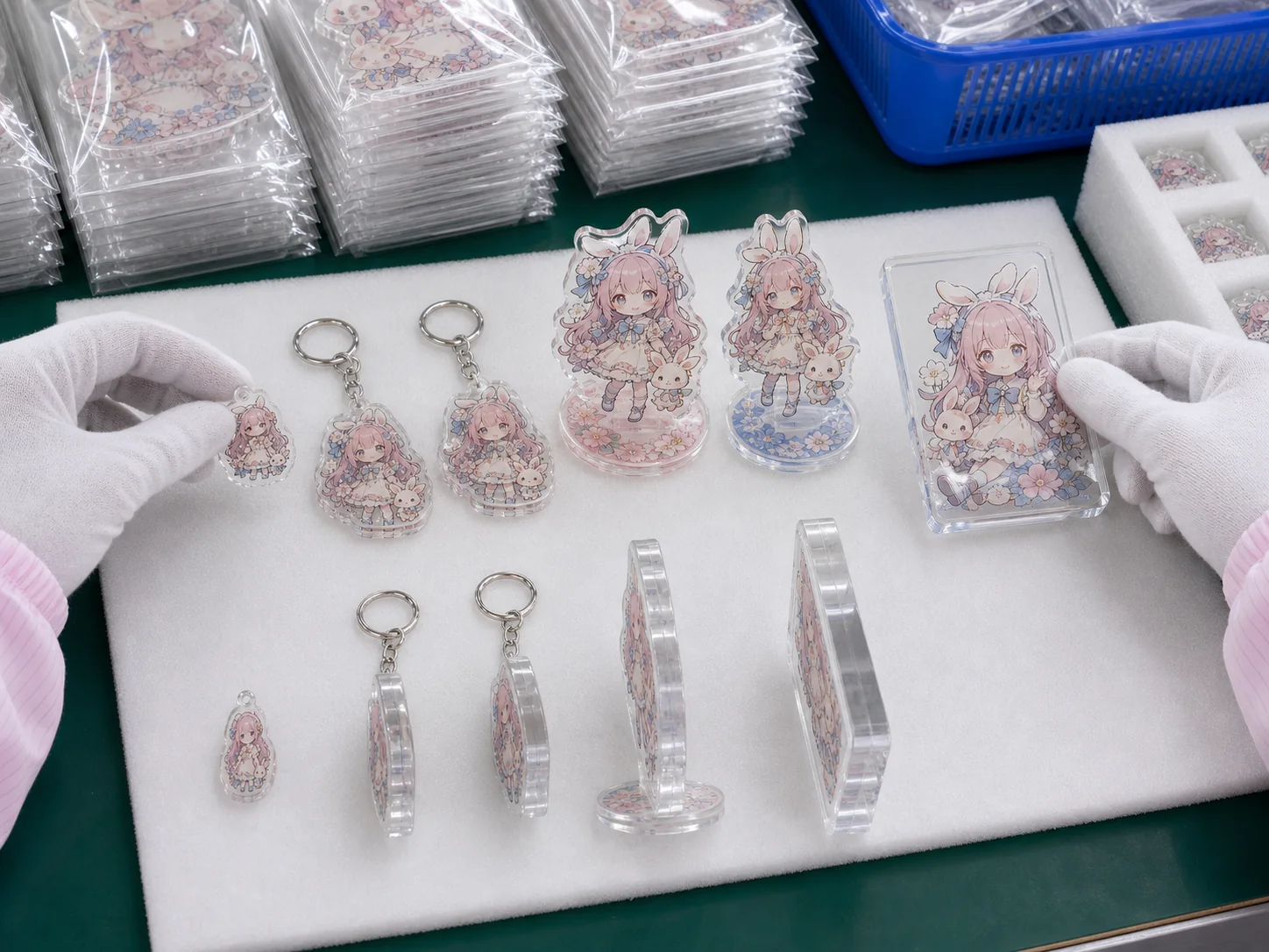 Acrylic stands, acrylic keychains, charms, and thicker plates arranged by use case