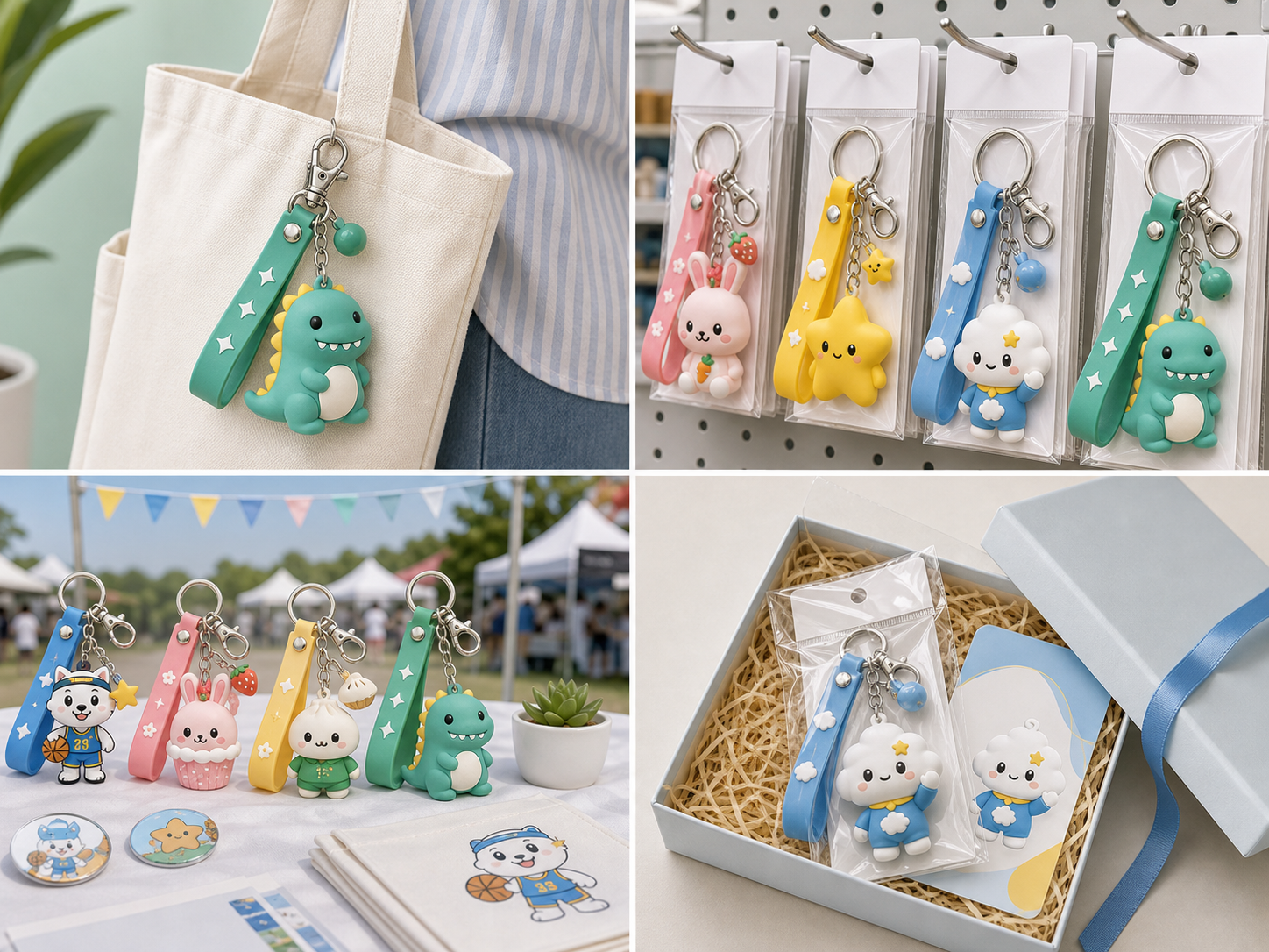 PVC keyrings used for event merchandise, retail display, tote bags, and giveaways