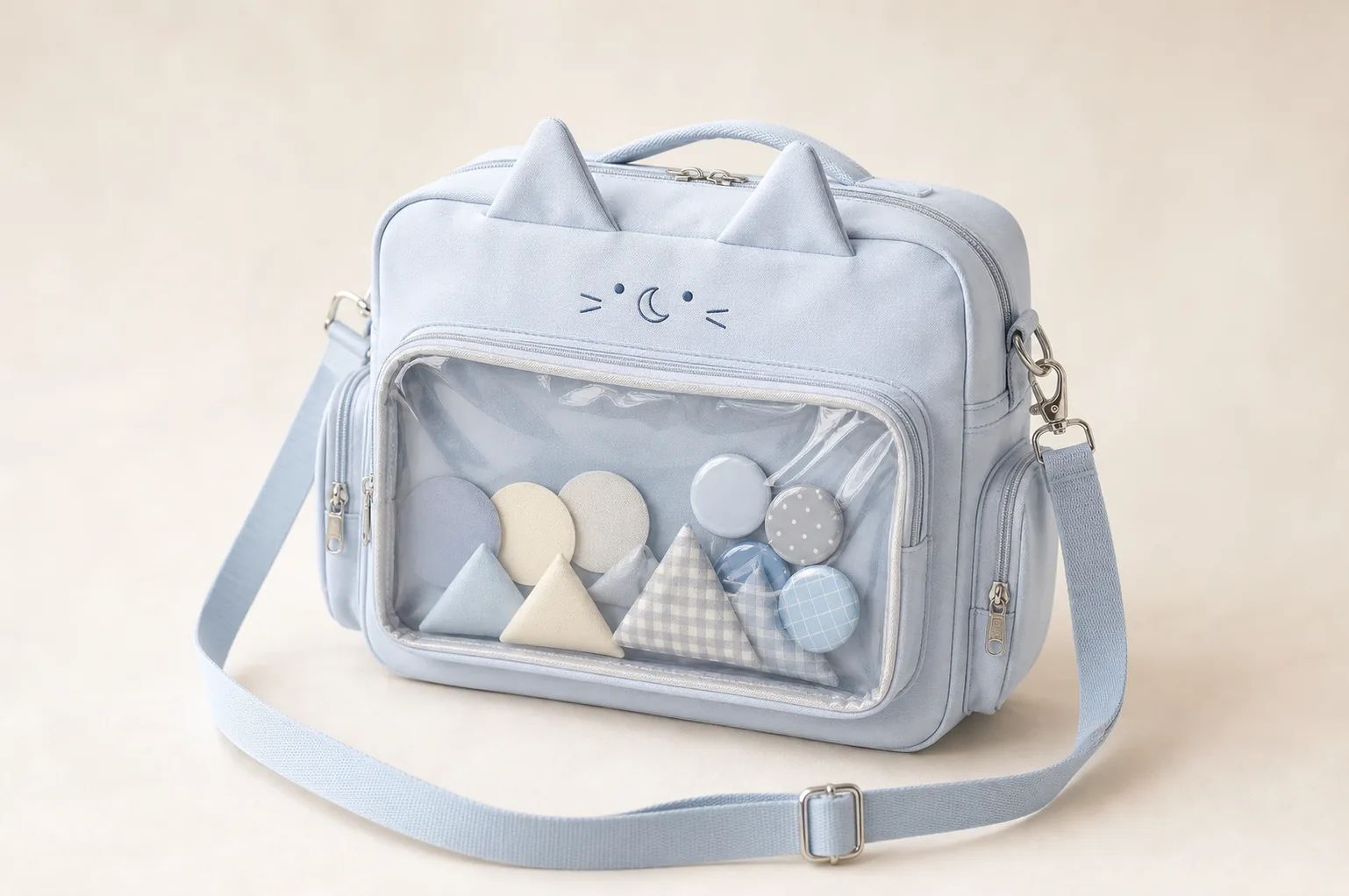 white custom mini canvas crossbody ita bag with a clear PVC display window and original star mascot insert