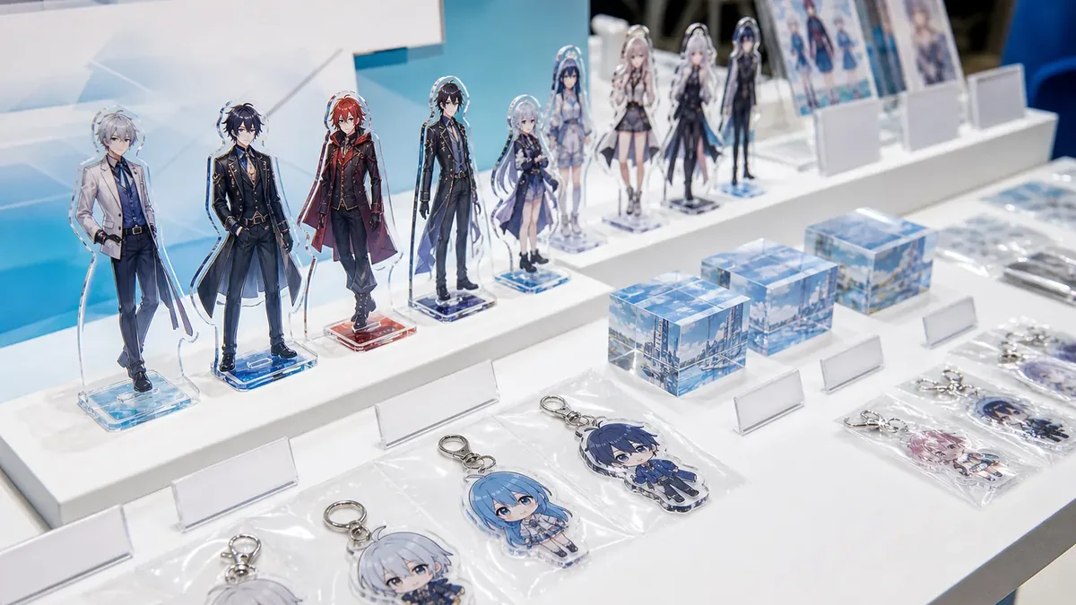 アニメイベント物販向けアクリルグッズOEMの展示イメージ
