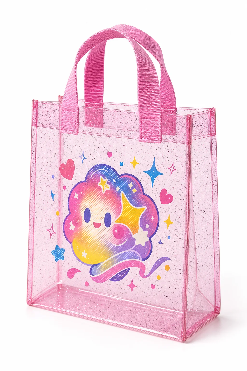 透明ピンクPVCとラメ感を使ったミニトートバッグのサンプル