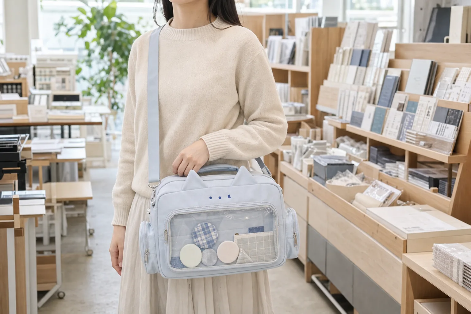 white mini canvas crossbody ita bag worn for everyday carry with an original mascot visible through the clear window