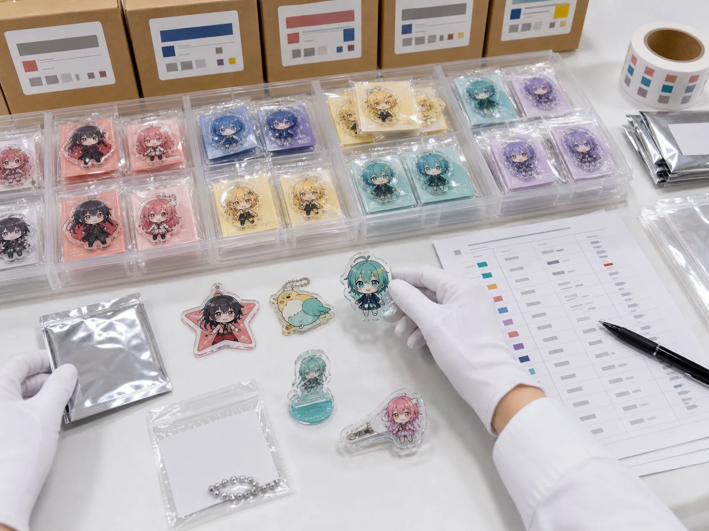 アクリル景品の多SKU仕分けとブラインド包装、アソート比率確認イメージ