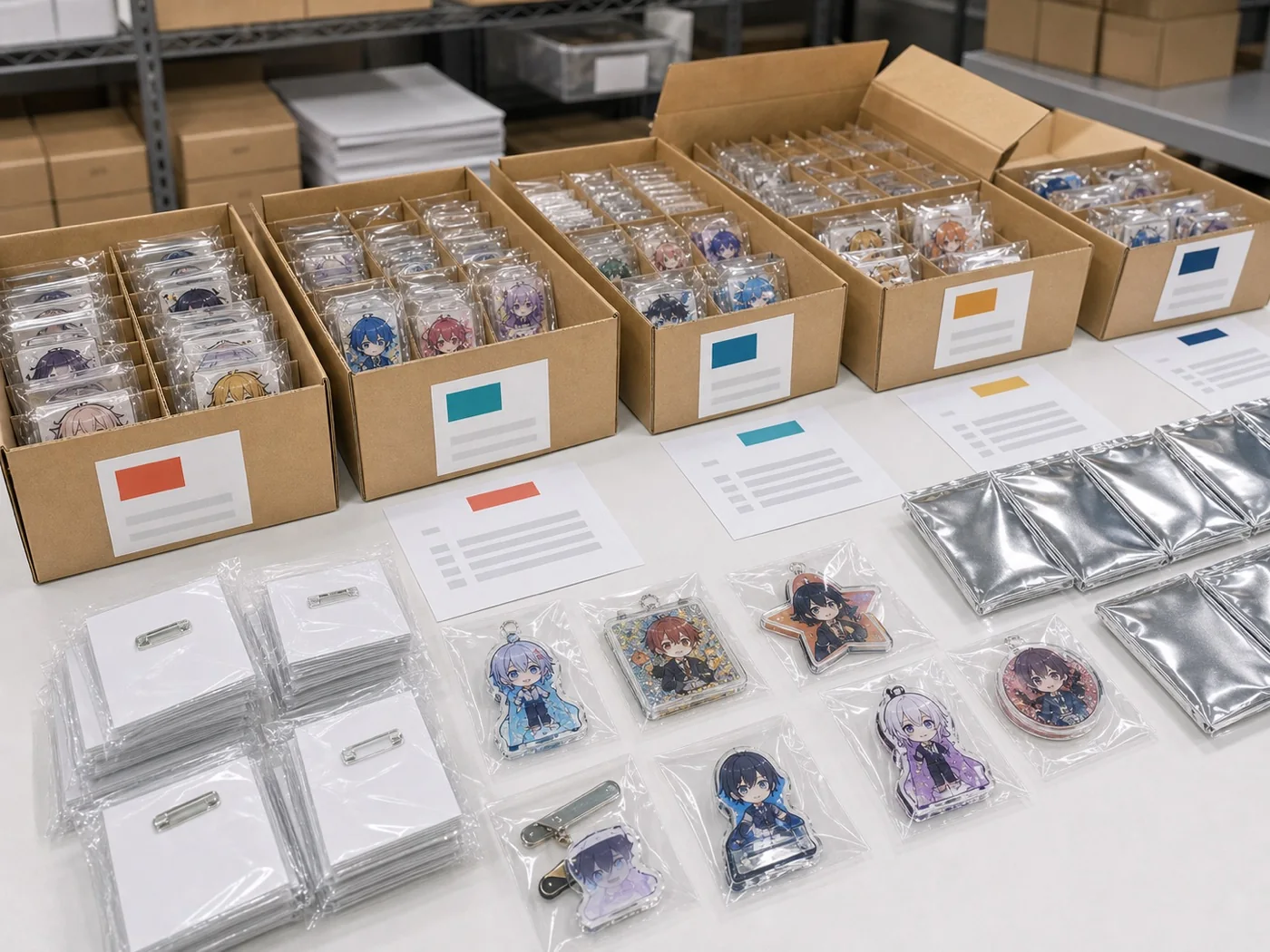 アクリル景品の個別包装、銀袋、外箱ラベル、カートン納品準備イメージ