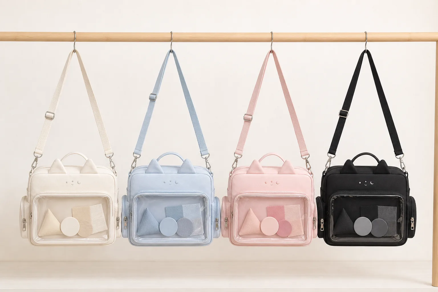 white light blue pink and black mini canvas crossbody ita bags arranged as four color SKUs