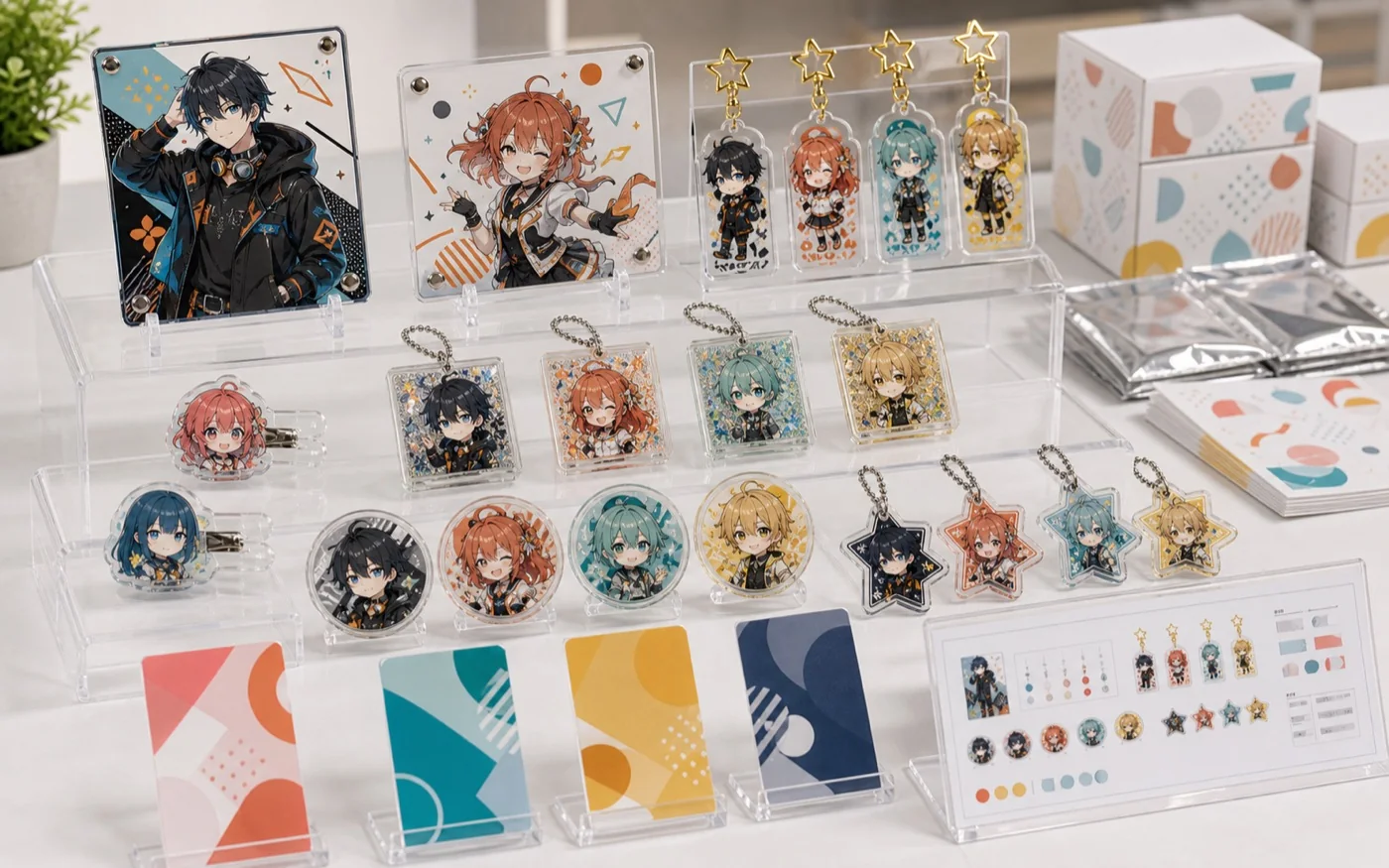 オリジナルIPのアクリル景品シリーズを展示台でまとめたBtoB商品集合イメージ