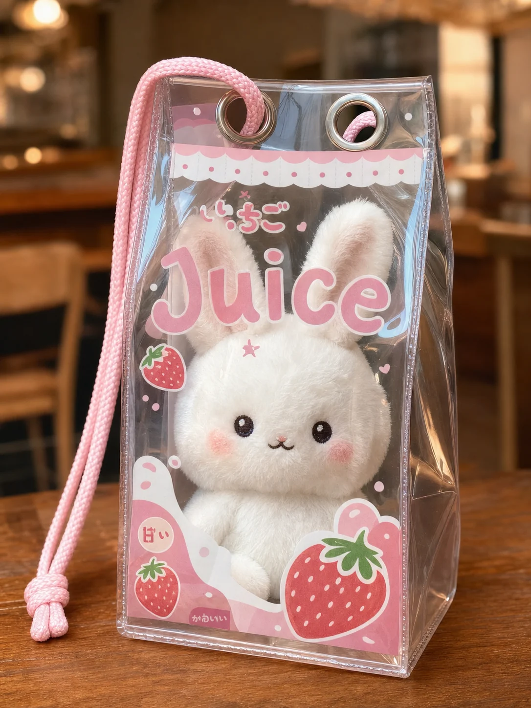 ピンクのコードで持ち歩ける10cmうさぎぬい用透明PVCポーチ