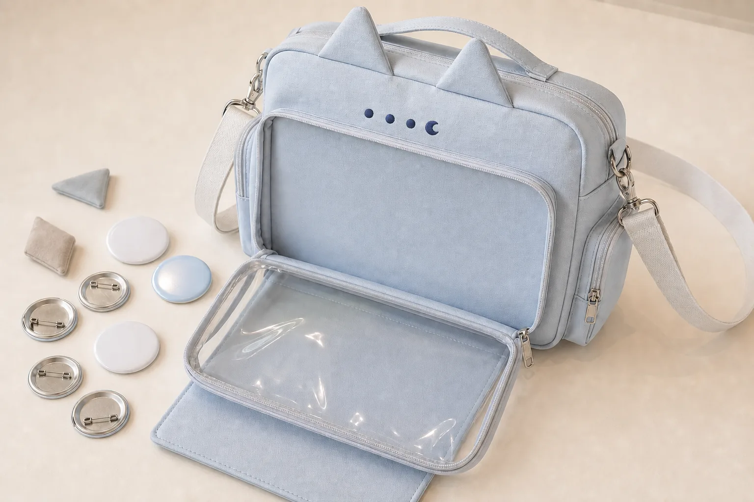 close-up of the clear PVC display window on a mini canvas ita bag with an original star mascot insert