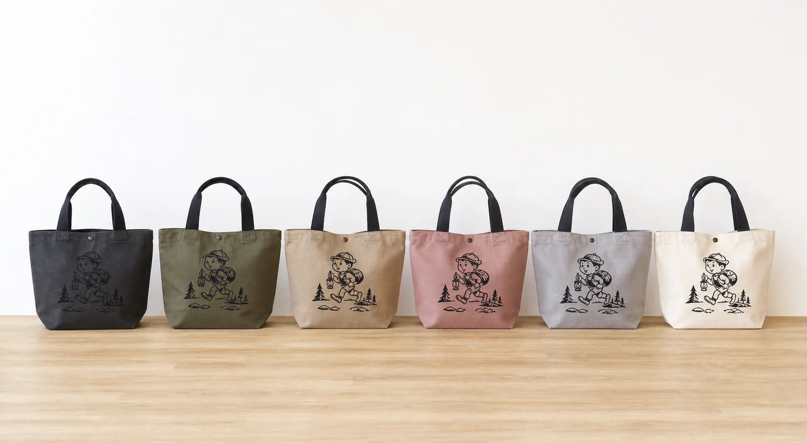 六色のキャンバスミニトートバッグを並べたカラーSKU展開